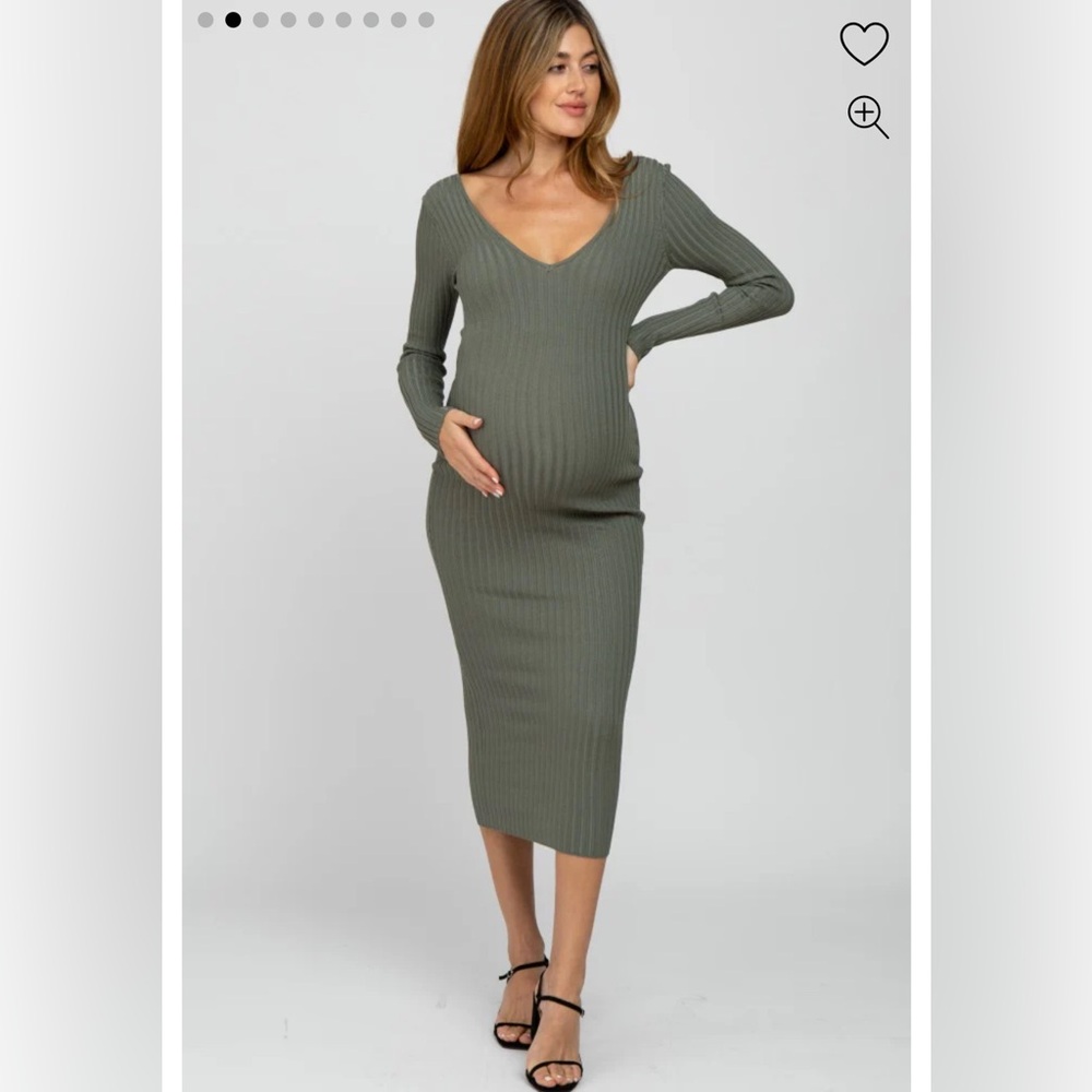 Pinkblush Olive Ribbed V-Neck Long Sleeve Maternity Midi Dress